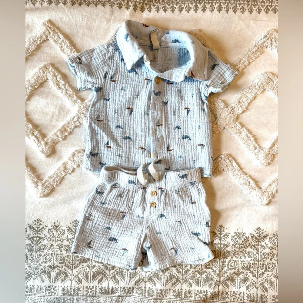Kids Light Blue Sailboat Cotton Matching Set Very Soft Size 12 months